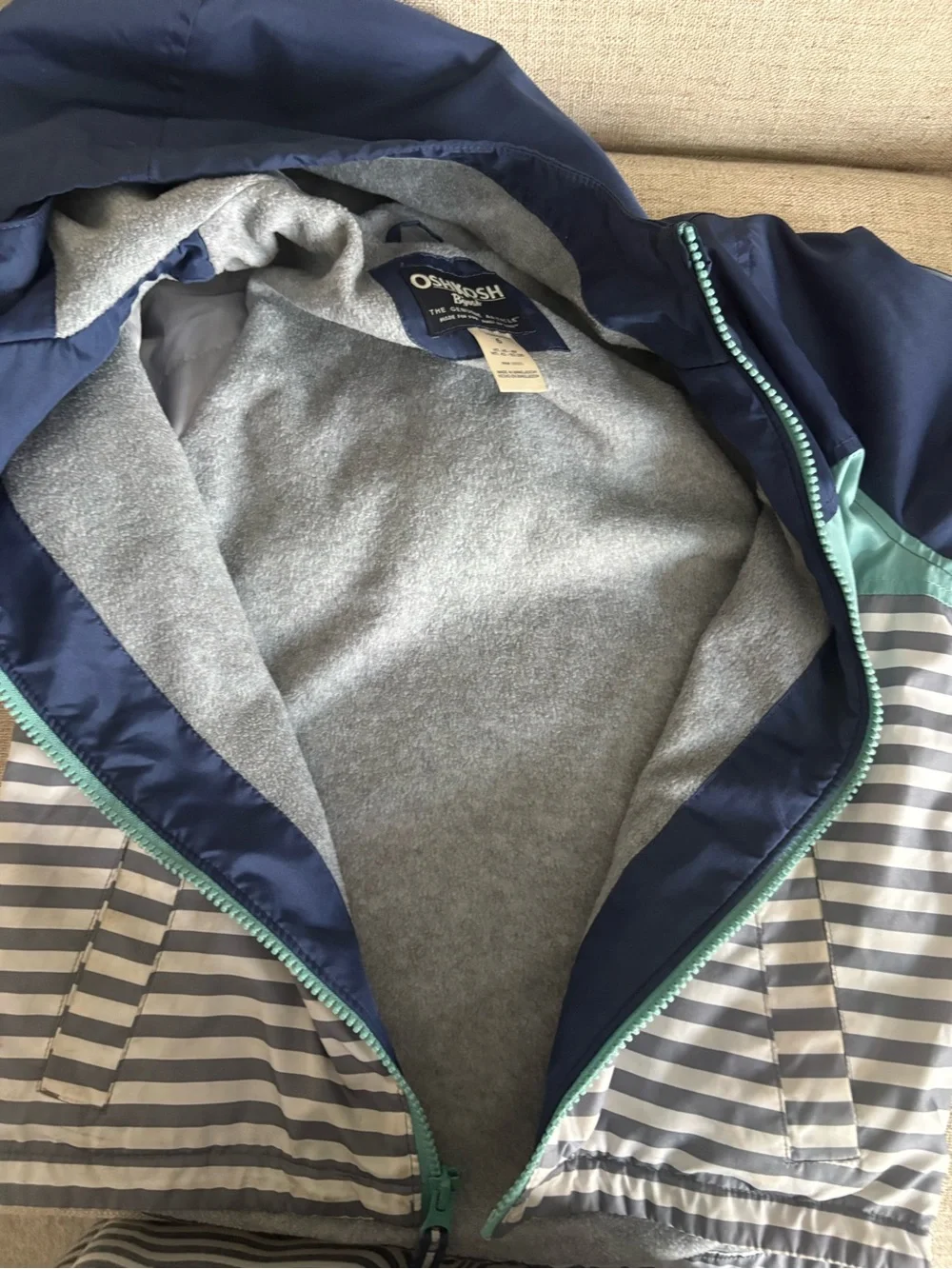 OshKosh Navy Aqua Grey Windbreaker jacket w/soft lining zipper Logo on Sleeve